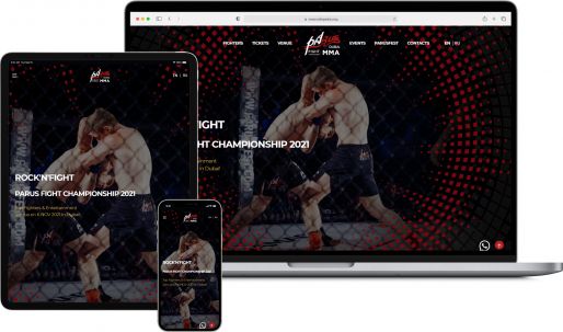 Display of the site of the tournament in mixed martial arts Parus Fight Championship on a laptop and mobile devices, starting slideshow