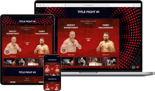 Affichage du site du tournoi d'arts martiaux mixtes Parus Fight Championship sur un ordinateur portable et des appareils mobiles, le schéma des combats pour le titre