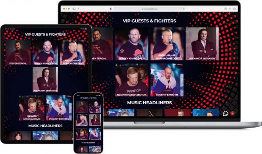 Display of the Parus Fight Championship mixed martial arts tournament website on laptop and mobile devices, invited guests and stars