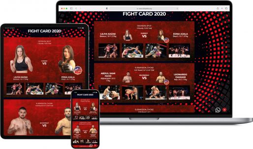 Display of the site of the tournament in mixed martial arts Parus Fight Championship on a laptop and mobile devices, cards of fighters