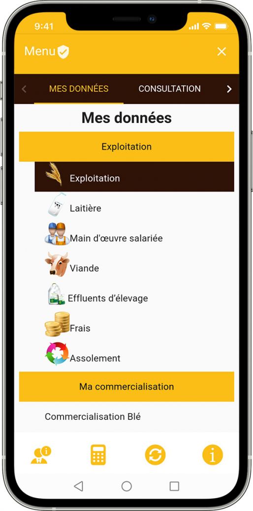 Agricoach mobile app menu